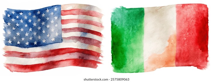 Watercolor flags, American flag, Italian flag, vibrant colors, artistic representation, cultural symbols, patriotic theme.