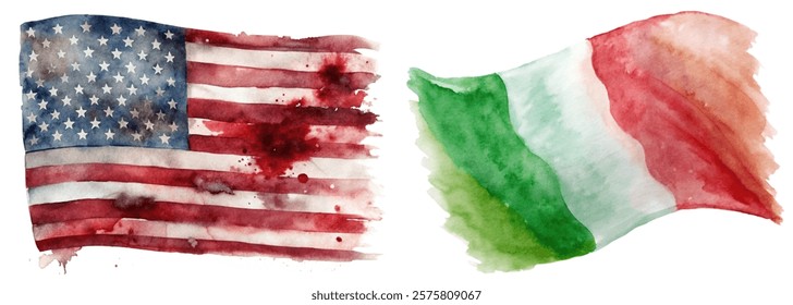 Watercolor flags, American flag, Italian flag, patriotic art, vibrant colors, artistic representation, cultural symbols, creative design.