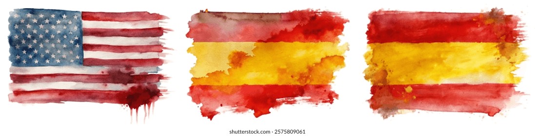 Watercolor flags, American flag, Spanish flag, artistic representation, vibrant colors, cultural symbols, patriotic imagery.