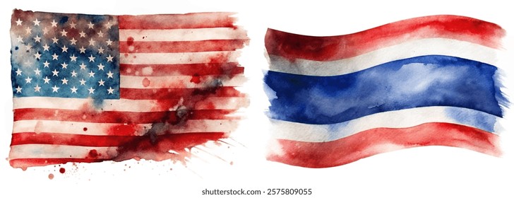 Watercolor flags, American flag, Thai flag, vibrant colors, artistic representation, cultural symbols, patriotic imagery.