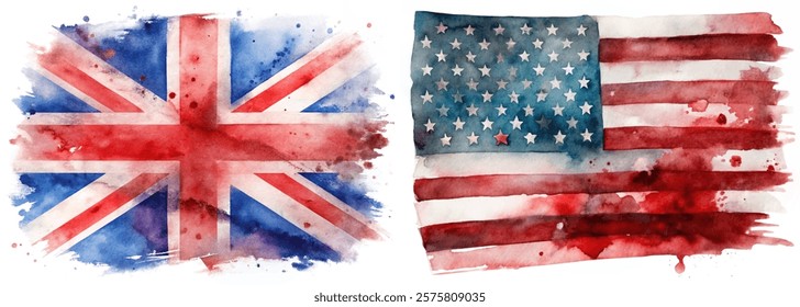 Watercolor flags, British flag, American flag, vibrant colors, artistic design, patriotic theme, cultural representation.