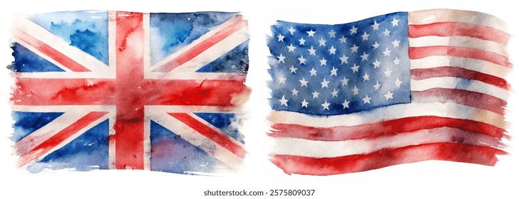 Watercolor flags, British flag, American flag, vibrant colors, artistic representation, cultural symbols, patriotic imagery.