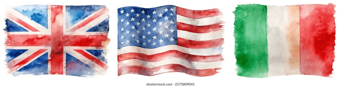 Watercolor flags, British flag, American flag, Italian flag, vibrant colors, artistic representation, cultural symbols.