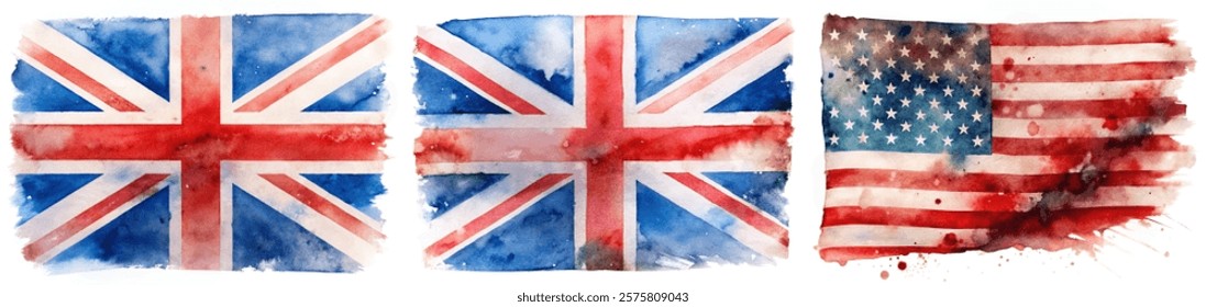 Watercolor flags, British flag, American flag, artistic design, patriotic colors, vibrant hues, abstract background.