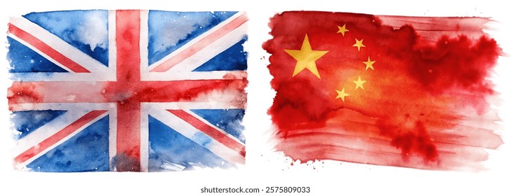 Watercolor flags, British flag, Chinese flag, artistic representation, cultural symbols, vibrant colors, international relations.