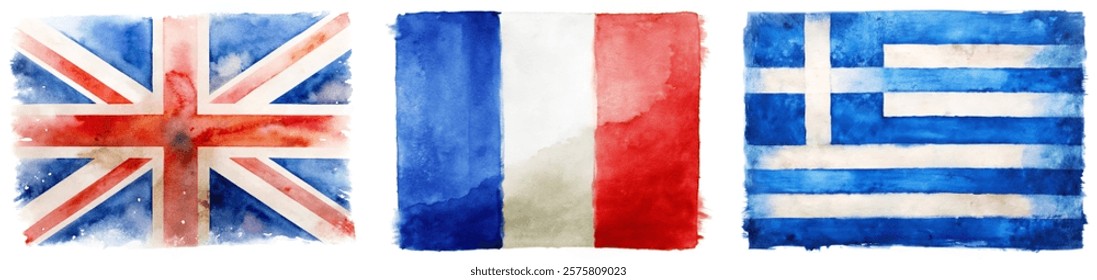 Watercolor flags, British flag, French flag, Greek flag, vibrant colors, artistic representation, cultural symbols.