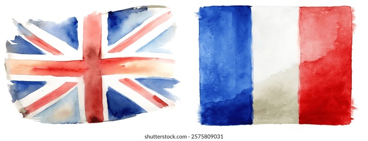 Watercolor flags, British flag, French flag, artistic representation, cultural symbols, vibrant colors, patriotic imagery.