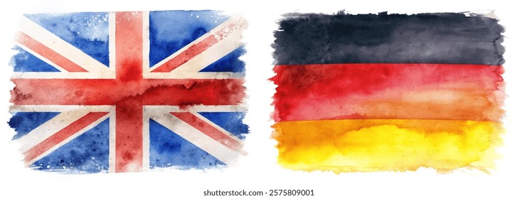 Watercolor flags, British flag, German flag, artistic representation, cultural symbols, vibrant colors, creative design.