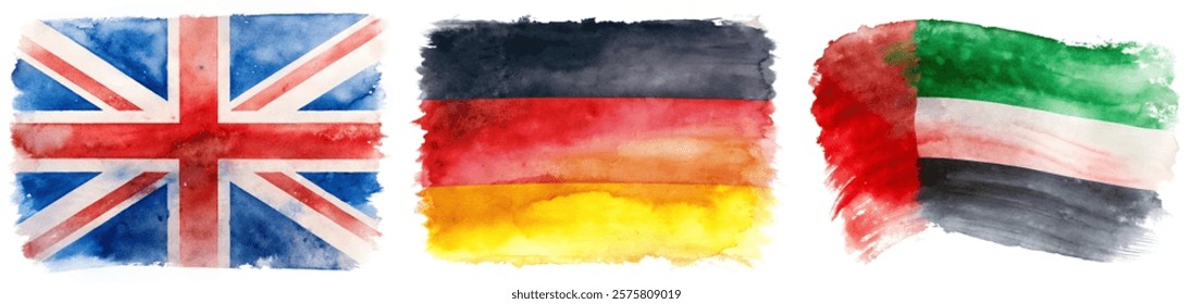 Watercolor flags, British flag, German flag, UAE flag, vibrant colors, artistic style, cultural representation.