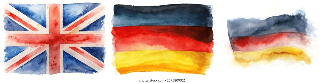 Watercolor flags, British flag, German flag, artistic representation, vibrant colors, cultural symbols, creative design.