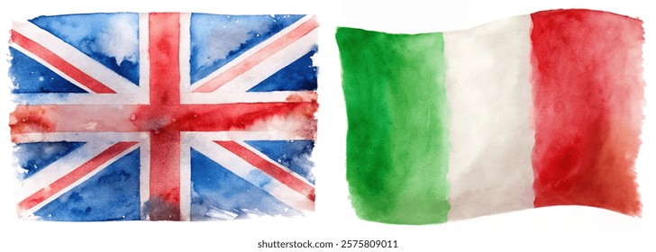 Watercolor flags, British flag, Italian flag, vibrant colors, artistic design, cultural representation, patriotic symbols.