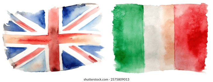 Watercolor flags, British flag, Italian flag, artistic design, vibrant colors, cultural representation, patriotic imagery.