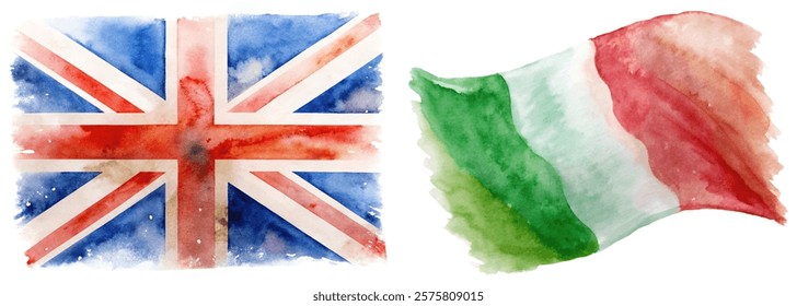 Watercolor flags, British flag, Italian flag, artistic representation, cultural symbols, vibrant colors, patriotic imagery.