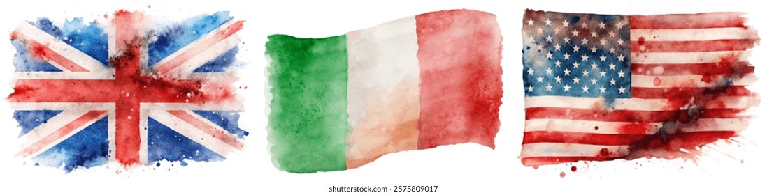 Watercolor flags, British flag, Italian flag, American flag, artistic representation, patriotic theme, vibrant colors.