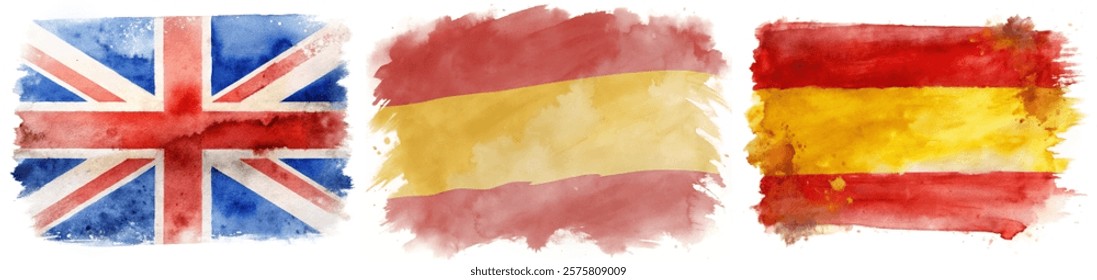 Watercolor flags, British flag, Spanish flag, artistic design, vibrant colors, cultural representation, patriotic symbols.