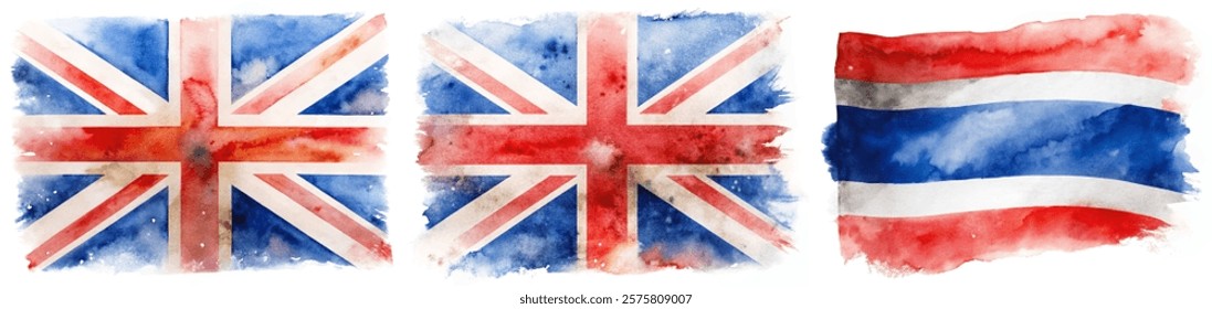 Watercolor flags, British flag, Thailand flag, vibrant colors, artistic style, patriotic imagery, cultural representation.