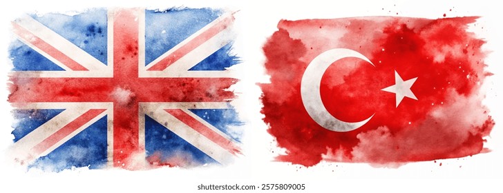 Watercolor flags, British flag, Turkish flag, artistic representation, cultural symbols, vibrant colors, international relations.