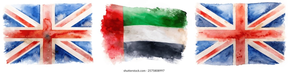 Watercolor flags, British flag, UAE flag, artistic representation, vibrant colors, cultural symbols, international themes.