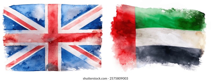 Watercolor flags, British flag, UAE flag, artistic representation, vibrant colors, cultural symbols, international relations.