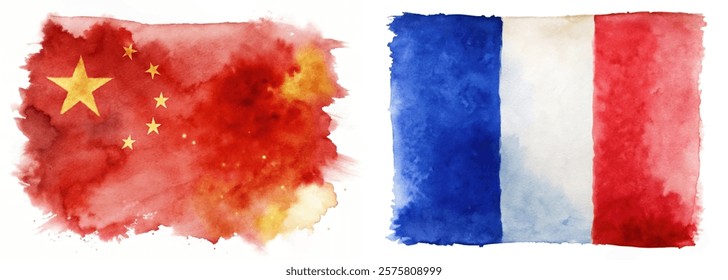 Watercolor flags, China and France, vibrant colors, artistic representation, cultural symbols, international relations, decorative art.