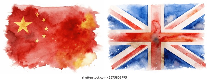 Watercolor flags, China and UK, vibrant colors, artistic representation, cultural symbols, global connection.