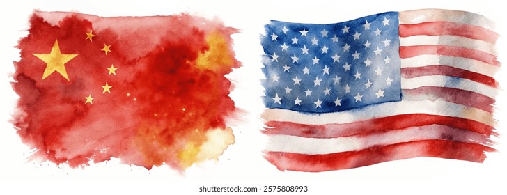 Watercolor flags, China and USA, vibrant colors, artistic representation, cultural symbols, international relations, patriotic imagery.