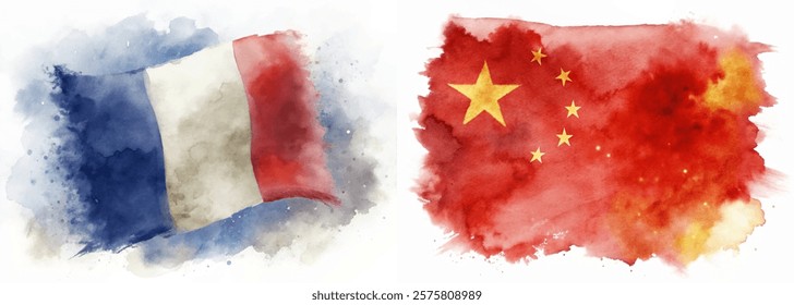 Watercolor flags, France and China, artistic representation, vibrant colors, cultural symbols, global unity, abstract design.