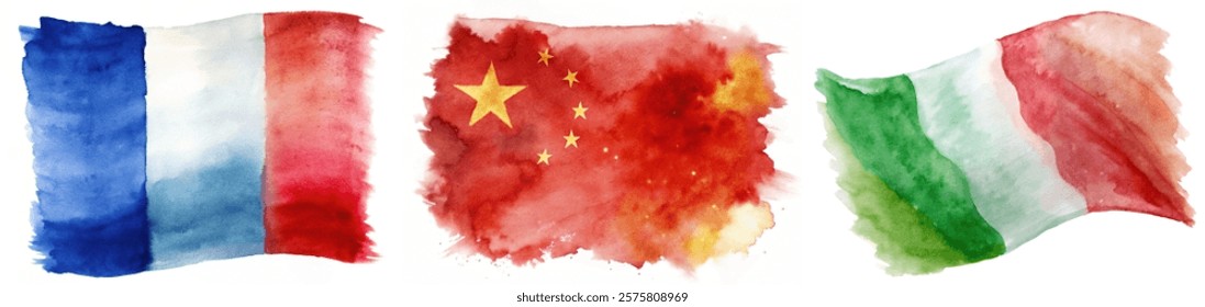 Watercolor flags, France Italy China, vibrant colors, artistic style, cultural representation, global unity, decorative elements.