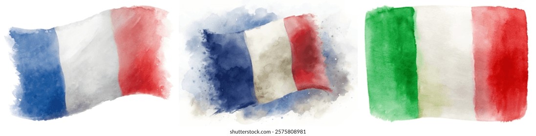 Watercolor flags, France and Italy, vibrant colors, artistic style, cultural representation, decorative elements, patriotic themes.