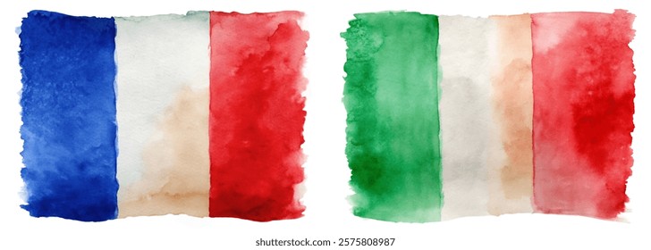 Watercolor flags, France and Italy, vibrant colors, artistic design, cultural representation, patriotic symbols.