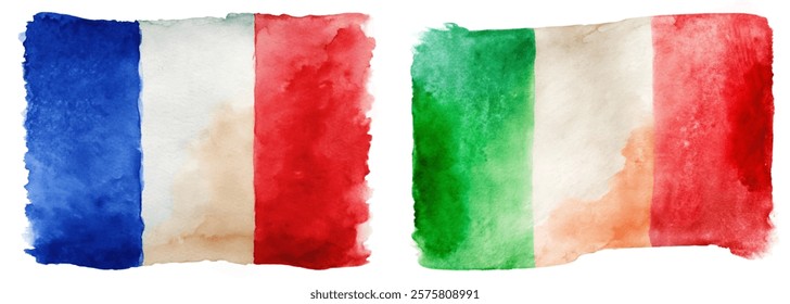 Watercolor flags, France and Italy, vibrant colors, artistic representation, cultural symbols, decorative elements.