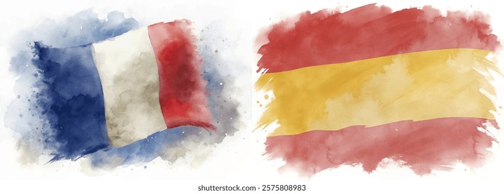 Watercolor flags, France and Spain, artistic representation, vibrant colors, cultural symbols, abstract design.