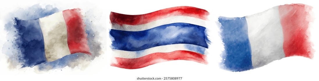 Watercolor flags, France and Thailand, artistic design, vibrant colors, cultural representation, abstract style.