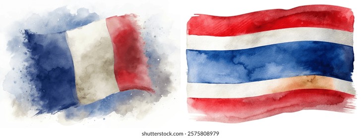 Watercolor flags, France and Thailand, artistic representation, vibrant colors, cultural symbols, decorative elements.