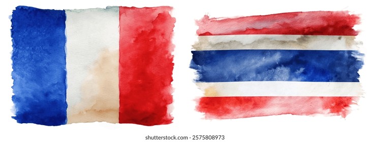 Watercolor flags, France and Thailand, vibrant colors, artistic representation, cultural symbols, decorative elements.