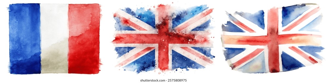 Watercolor flags, France and UK, artistic representation, vibrant colors, cultural symbols, decorative art.
