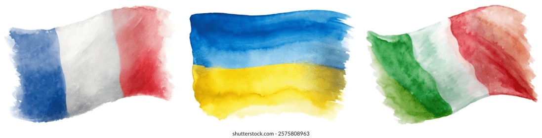 Watercolor flags, France, Ukraine, Italy, vibrant colors, artistic style, cultural representation, patriotic symbols.