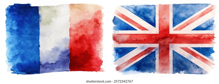 Watercolor flags, French flag, British flag, vibrant colors, artistic style, cultural representation, patriotic imagery.