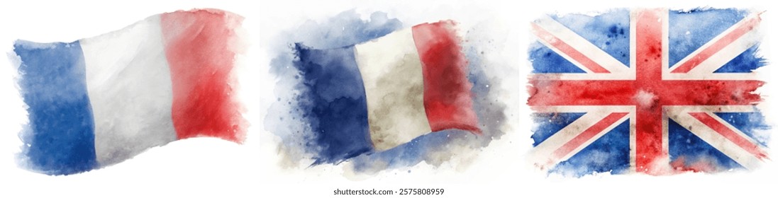 watercolor flags, French flag, British flag, artistic style, patriotic imagery, colorful design, national symbols