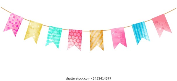 Watercolor flags garland for design of parties, birthday, weddings, children's rooms in vector, isolated on white 