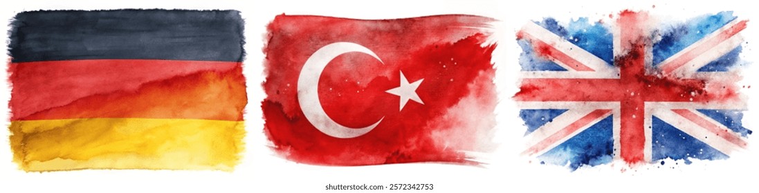 Watercolor flags, Germany flag, Turkey flag, UK flag, artistic representation, vibrant colors, cultural symbols.