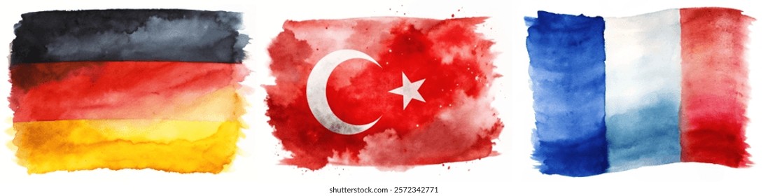 Watercolor flags, Germany flag, Turkey flag, France flag, vibrant colors, artistic style, cultural representation.