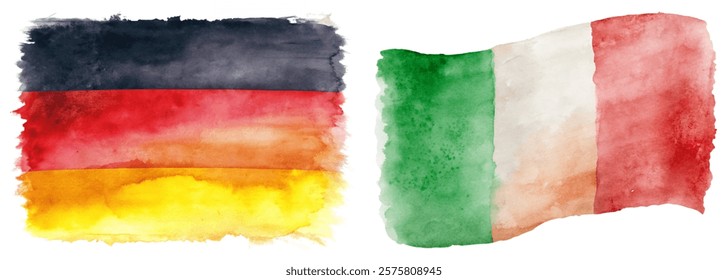 Watercolor flags, Germany and Italy, vibrant colors, artistic representation, cultural symbols, creative design, patriotic imagery.