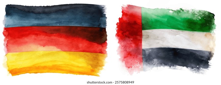 Watercolor flags, Germany and Italy, vibrant colors, artistic representation, cultural symbols, creative design, patriotic themes.