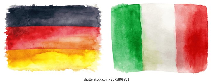 Watercolor flags, Germany and Italy, vibrant colors, artistic representation, cultural symbols, national pride, creative design.