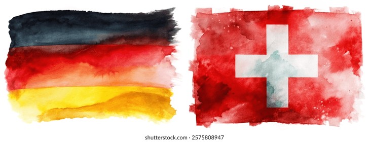 Watercolor flags, Germany and Switzerland, vibrant colors, artistic representation, cultural symbols, creative design.