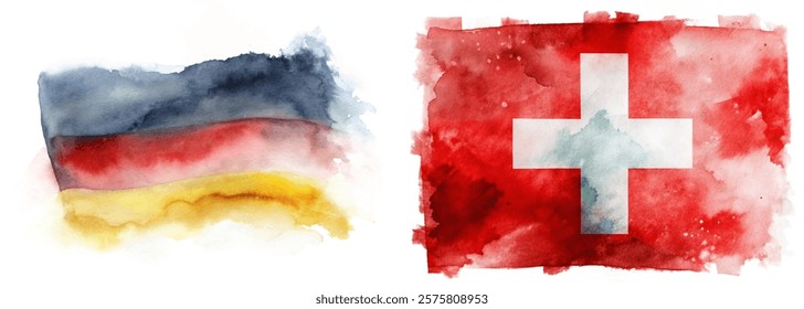 Watercolor flags, Germany and Switzerland, vibrant colors, artistic style, cultural representation, national symbols.