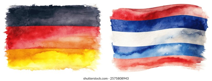 Watercolor flags, Germany and Thailand, vibrant colors, artistic representation, cultural symbols, creative design.