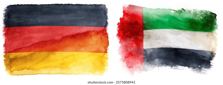 Watercolor flags, Germany and UAE, vibrant colors, artistic representation, cultural symbols, international relations, decorative art.