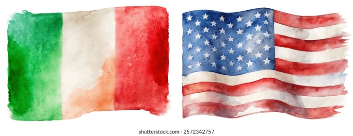 Watercolor flags, Italian flag, American flag, vibrant colors, artistic representation, cultural symbols, patriotic imagery.